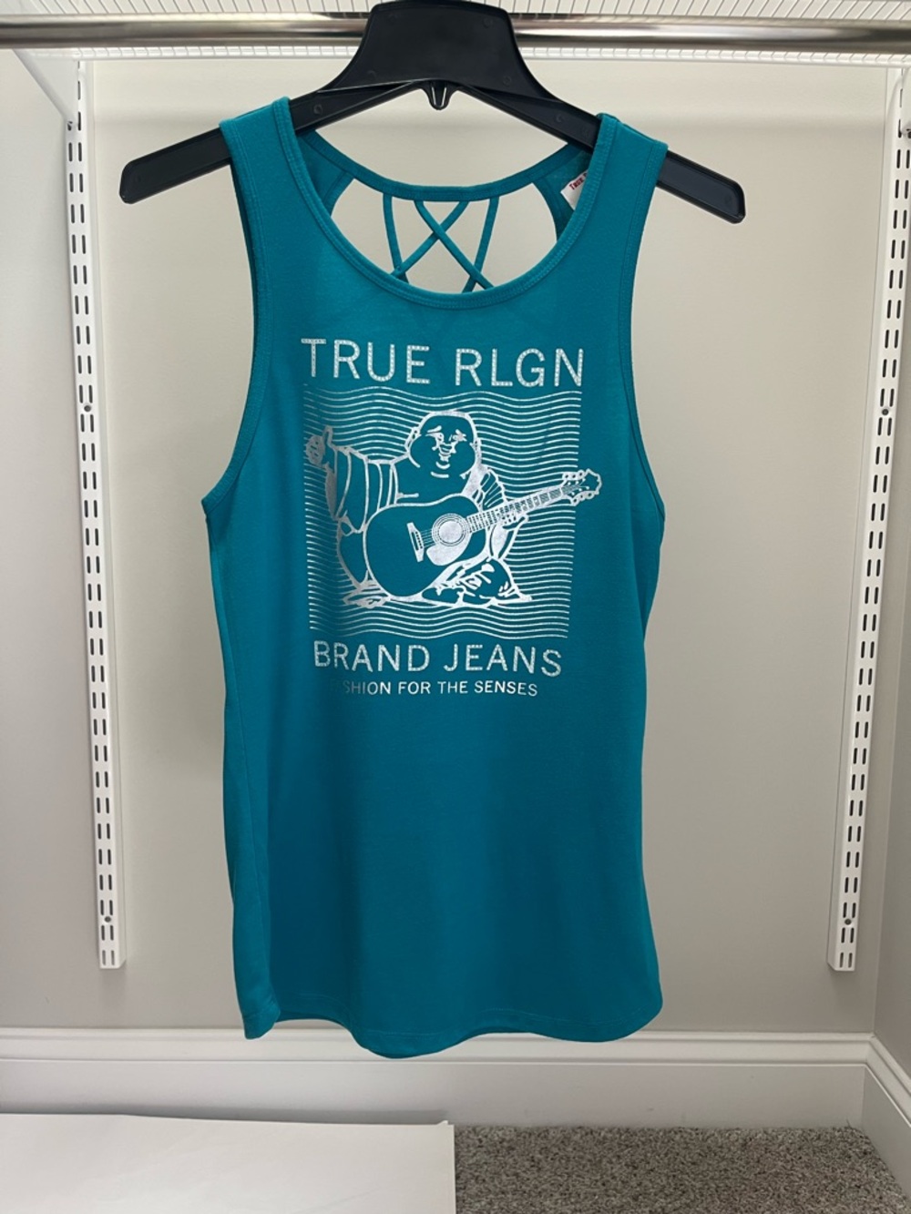 True Religion Crystallized Teal Graphic Tank Top